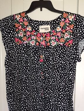 Savanna Jane Black Polka Dot Blouse With Pink & Orange Floral Embroidery